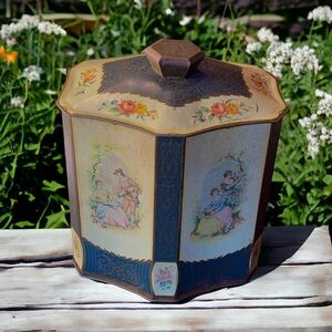 VTG French Renaissance Blue Gold Biscuit Tea Tin Art Nouveau Mid Century 1960’s